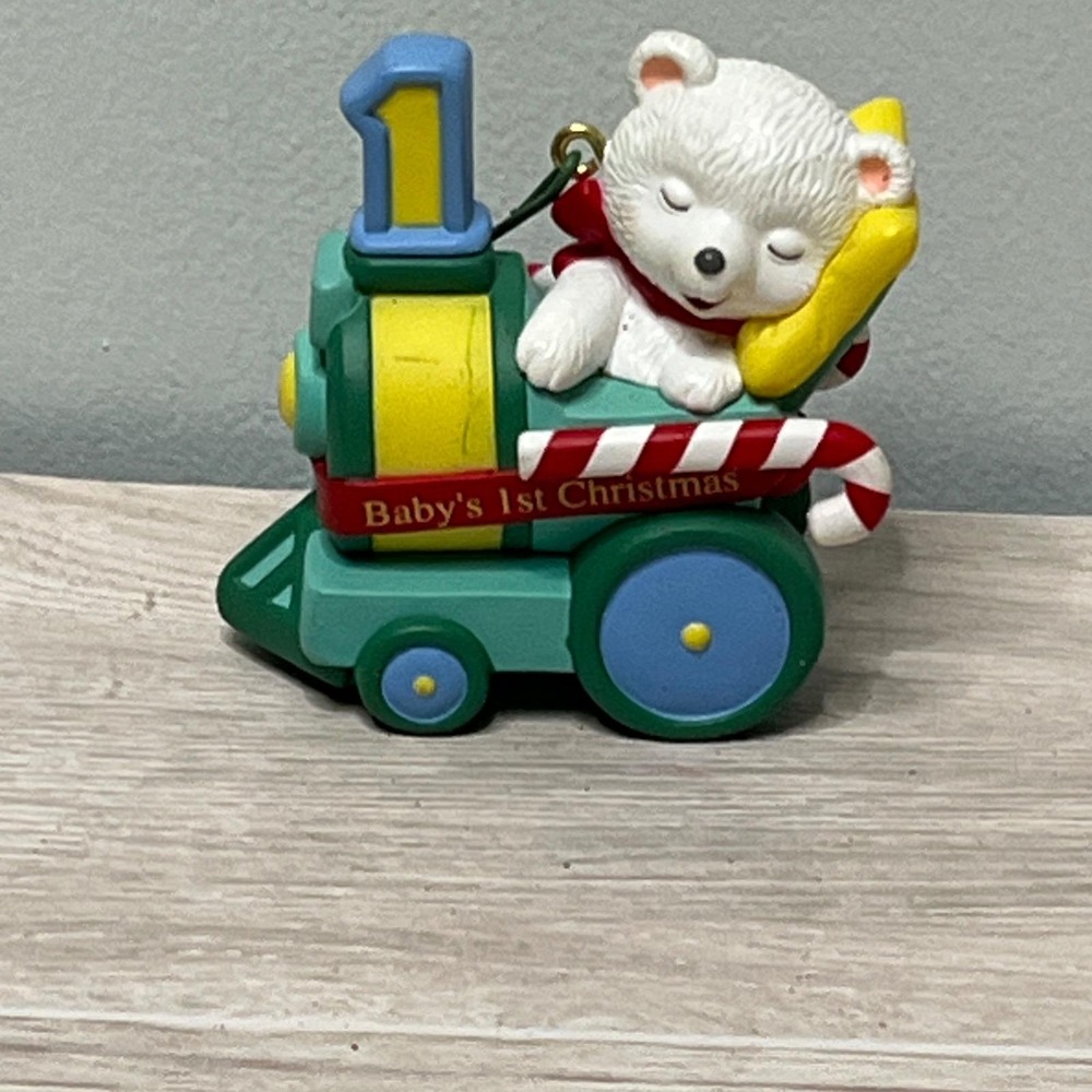 Hallmark 1999 Baby's 1st Christmas Peppermint Express Ornament Bear Train - Picture 2 of 8